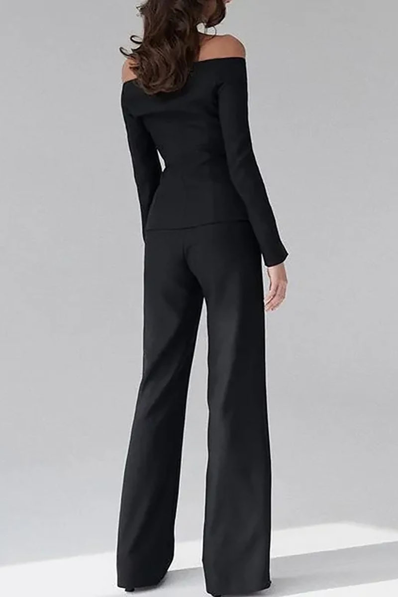 Off Shoulder Long Sleeve Button Up Top Straight Leg Pants Matching Set-Black-Hayhty.All Rights Reserved.