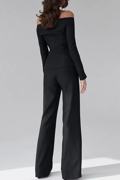 Off Shoulder Long Sleeve Button Up Top Straight Leg Pants Matching Set-Black-Hayhty.All Rights Reserved.