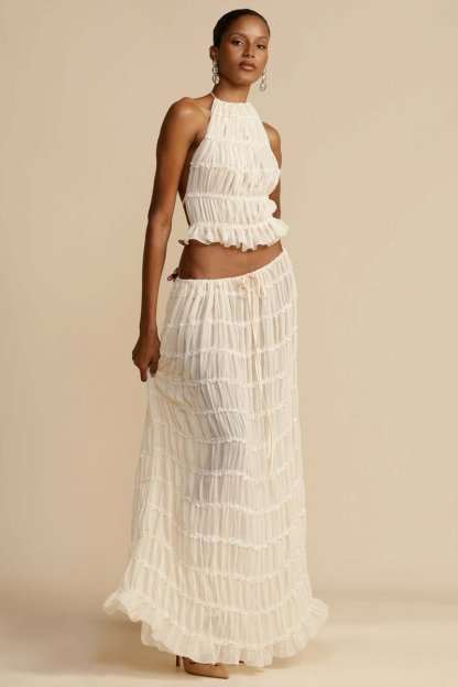 Solid Color Pleated Halter Backless Crop Top Ruffled Trim Maxi Skirt Matching Set-White-Hayhty.All Rights Reserved.