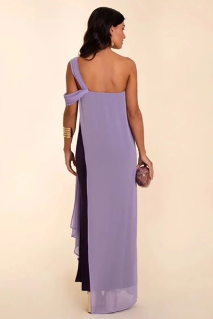 Chiffon Patchwork One Shoulder Sleeveless Asymmetric Maxi Dresses-Purple-Hayhty.All Rights Reserved.