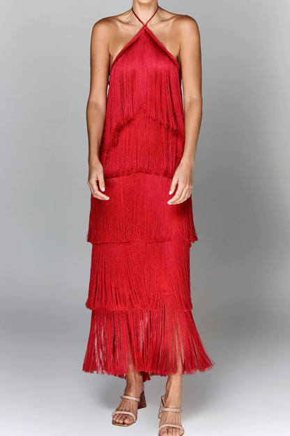 Tiered Fringed Sleeveless Halter Open Back Prom Party Maxi Dresses-Brown-Hayhty.All Rights Reserved.