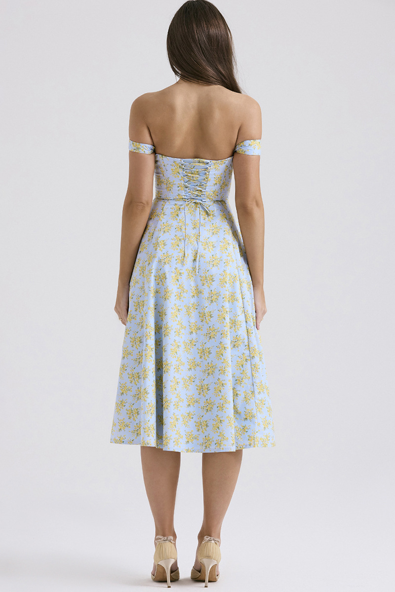 Floral Print Wide Strap Corset A-Line Slit Midi Dresses-White-Hayhty.All Rights Reserved.