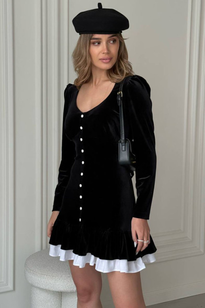 Long Sleeve U Neck Button Up Layered Trim A-Line Velvet Mini Dresses-Black-Hayhty.All Rights Reserved.