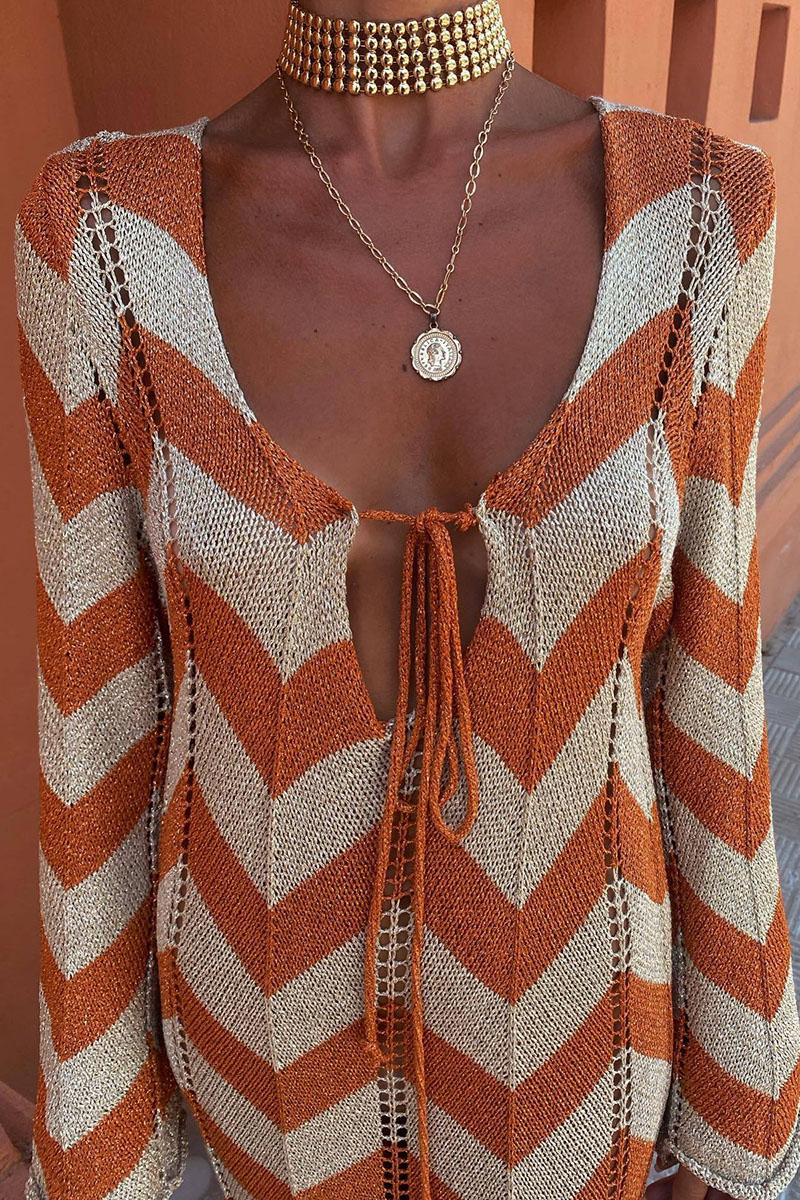 Colorblock Wavy Crochet Long Sleeve Vacation Cover-Up Maxi Dresses-Black-Hayhty.All Rights Reserved.