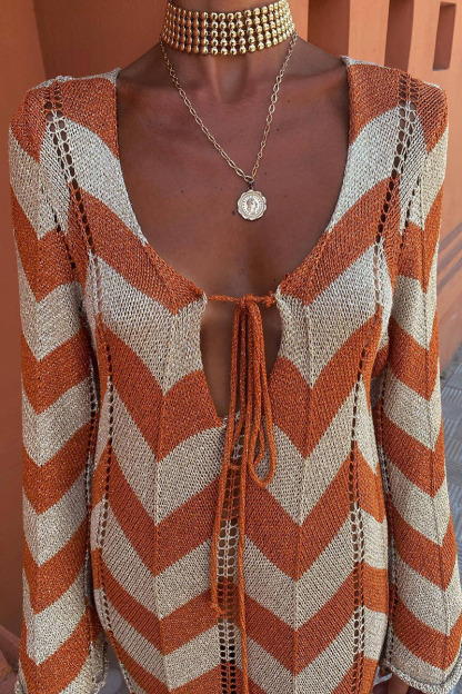 Colorblock Wavy Crochet Long Sleeve Vacation Cover-Up Maxi Dresses-Black-Hayhty.All Rights Reserved.