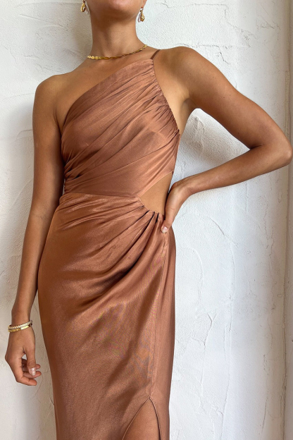 One Shoulder High Slit Ruched Evening Gown Cami Maxi Dress-Hayhty.All Rights Reserved.