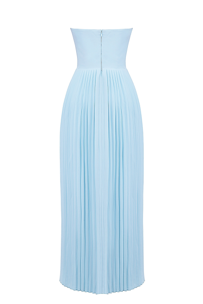 Strapless Cinch Waist Pleated Maxi Dresses-Blue-Hayhty.All Rights Reserved.