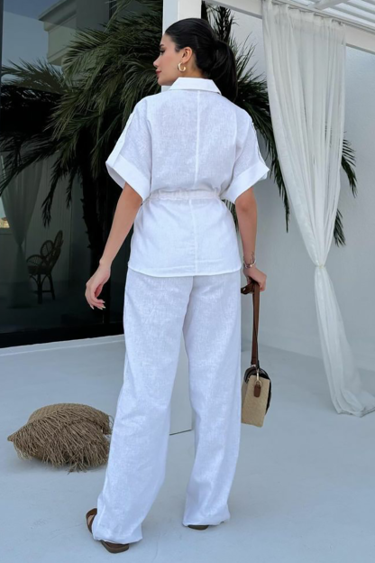 Half Sleeve Drawstring Tie Up Blouse Straight Leg Pants Matching Set-White-Hayhty.All Rights Reserved.