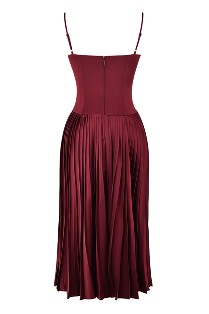 Irregular Neck Corset A-Line Pleated Hem Satin Slip Midi Dresses-Burgundy-Hayhty.All Rights Reserved.