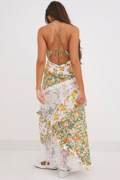 Ditsy Floral Print Deep V Neck Lace Patchwork Backless Slip Maxi Dresses-Green-Hayhty.All Rights Reserved.