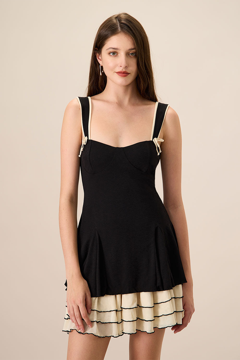 Colorblock A-Line Wide Straps Mini Dresses-Black-Hayhty.All Rights Reserved.