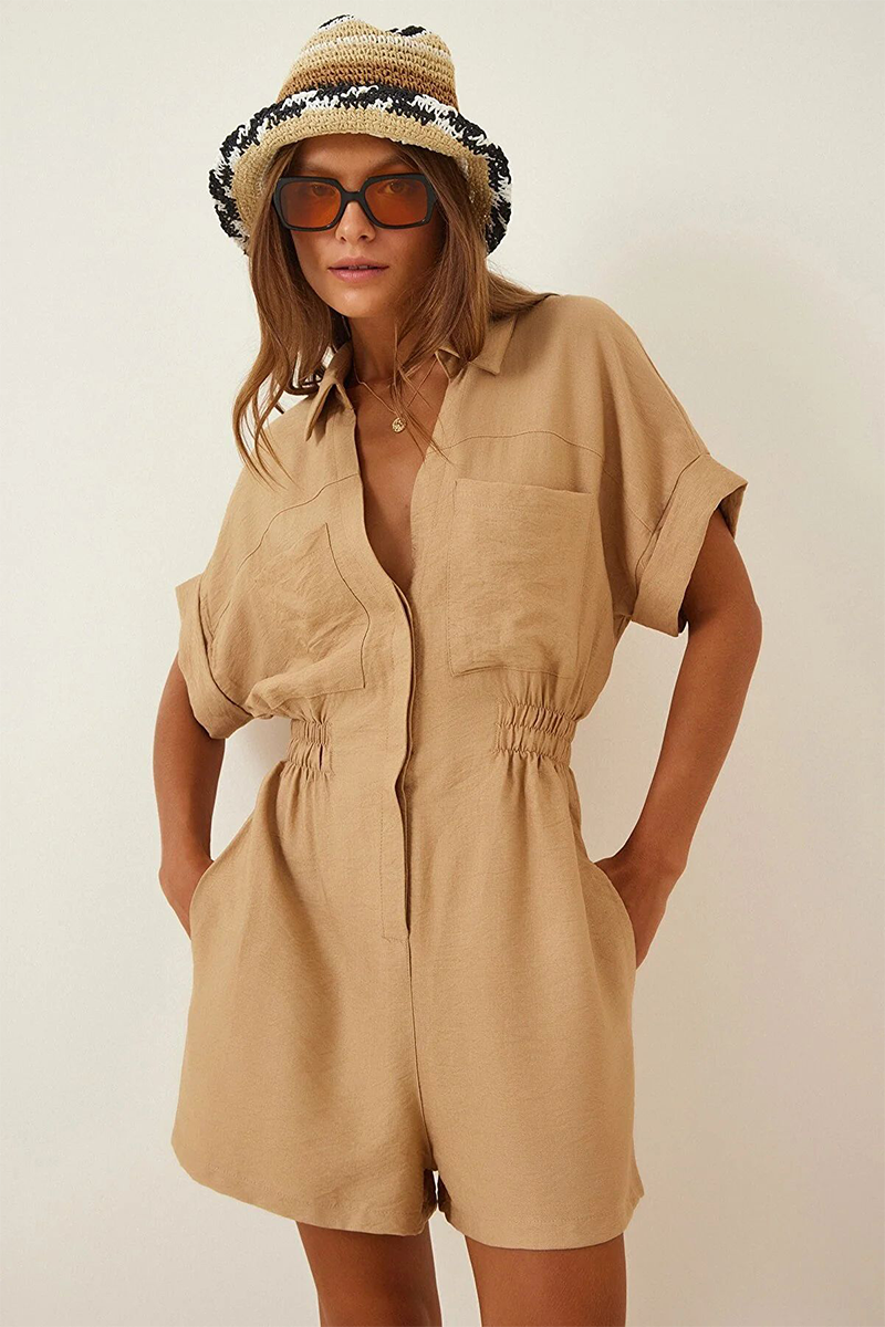 Turndown Collar Short Sleeve Pockets Solid Color Casual Playsuit Romper-Khaki-Hayhty.All Rights Reserved.