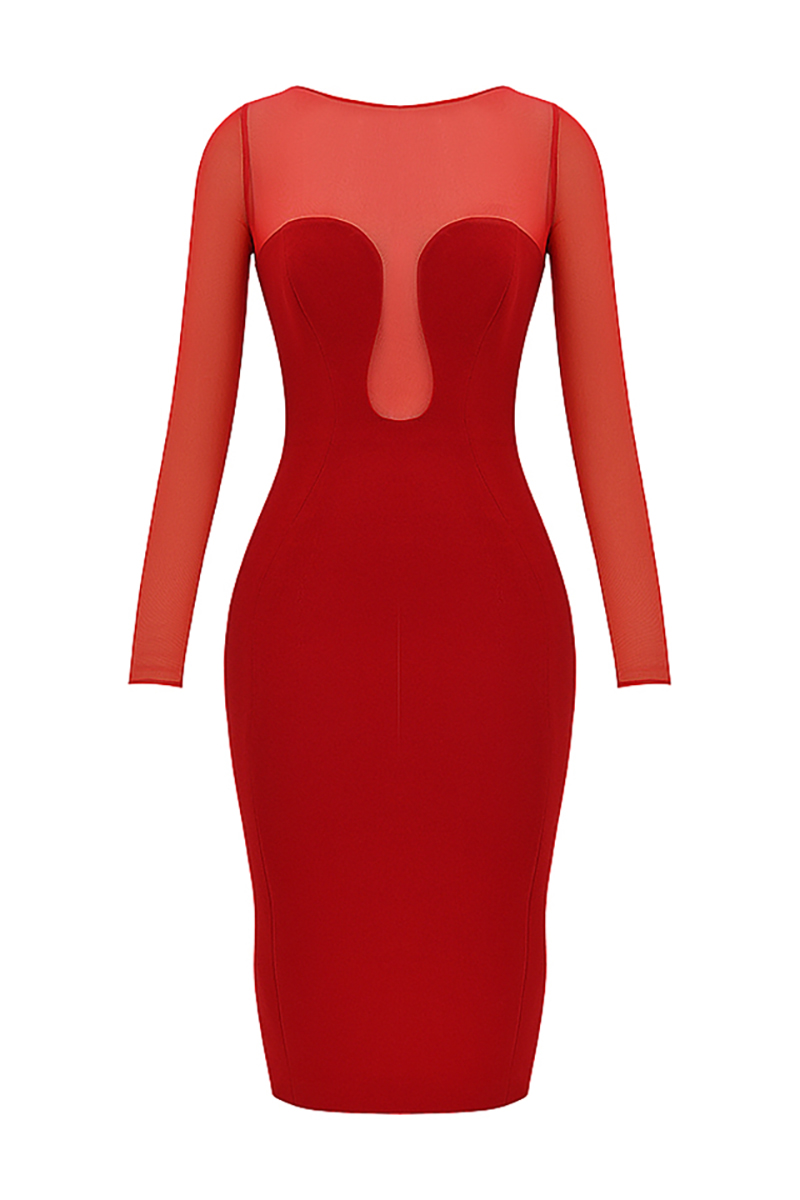 Mesh Patchwork Long Sleeve Irregular Corset Bodycon Midi Dresses-Red-Hayhty.All Rights Reserved.
