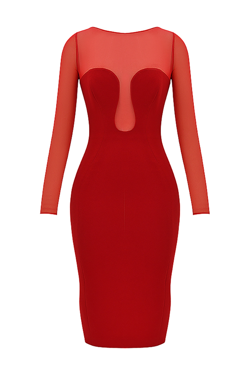 Mesh Patchwork Long Sleeve Irregular Corset Bodycon Midi Dresses-Red-Hayhty.All Rights Reserved.