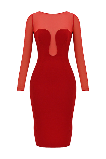 Mesh Patchwork Long Sleeve Irregular Corset Bodycon Midi Dresses-Red-Hayhty.All Rights Reserved.