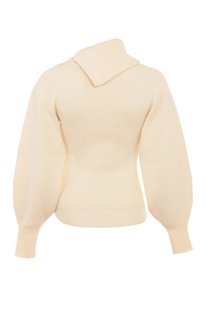 Irregular Folded Stand Collar Lantern Sleeve Sweater Plain Pants Matching Set-Beige-Hayhty.All Rights Reserved.