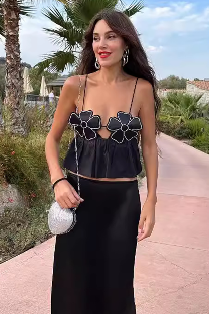 Rhinestone Decor Flower Design Crop Cami-Black-Hayhty.All Rights Reserved.