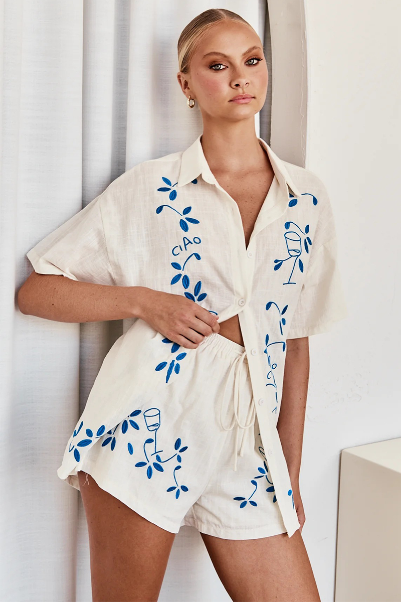 Floral Embroidery Short Sleeve Blouse Elastic Waist Shorts Matching Set-Blue-Hayhty.All Rights Reserved.