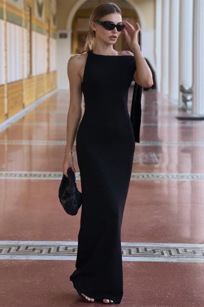 Sleeveless Streamer Slim Fit Solid Color Maxi Dresses-Beige-Hayhty.All Rights Reserved.