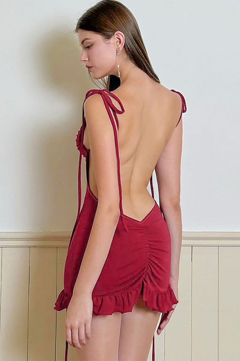 Tie Up Shoulder Straps Slim Fit Backless Ruched Ruffled Mini Dresses-White-Hayhty.All Rights Reserved.