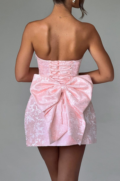 Jacquard Boat Neck A-Line Puffy Hem Back Bow Cocktail Party Mini Dresses-Pink-Hayhty.All Rights Reserved.