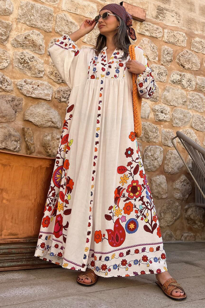 Long Sleeve Notched V Collar Floral Print Vacation Maxi Dresses-Hayhty.All Rights Reserved.