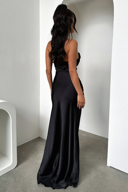 Ruched Strapless Boat Neck Bodycon High Slit Gowns Maxi Dresses-Hayhty.All Rights Reserved.