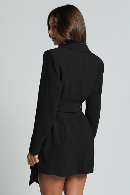 Notch Lapel Long Sleeve Button Up Tie Belt Plain Blazer Mini Dresses-Blue-Hayhty.All Rights Reserved.