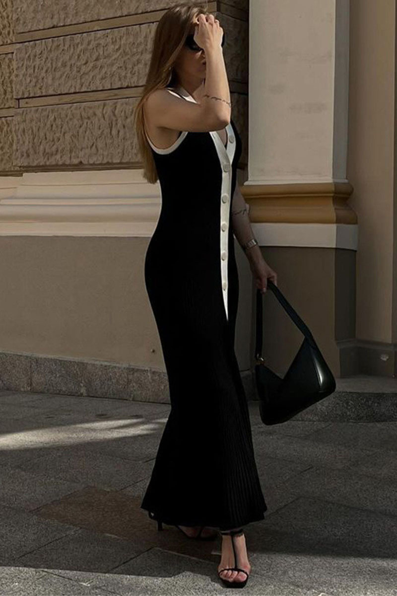 Colorblock Button-Up V Neck Sleeveless Knit Maxi Dresses-White-Hayhty.All Rights Reserved.