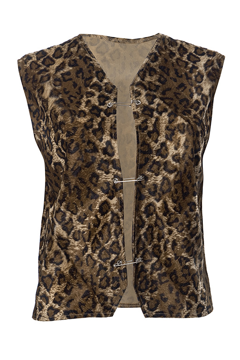Leopard Pattern V Neck Safety Pins Outerwear Vest-LightBrown-Hayhty.All Rights Reserved.