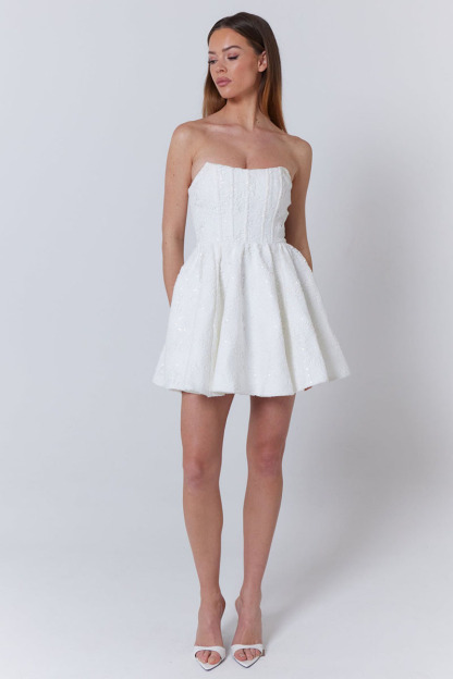 Strapless Floral Jacquard Party A-Line Mini Dresses-White-Hayhty.All Rights Reserved.