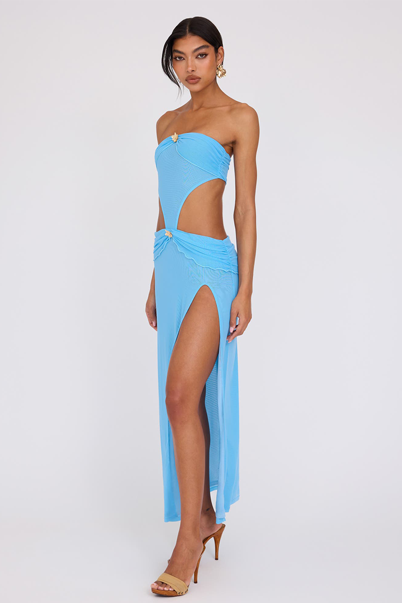 Ruched Metal Decor Cutout High Slit Strapless Maxi Dresses-Blue-Hayhty.All Rights Reserved.