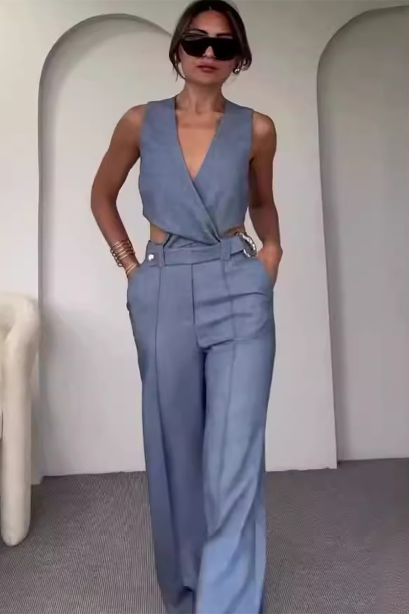 V Neck Metal Decor Crop Vest Wide Leg Pants Matching Set-White-Hayhty.All Rights Reserved.