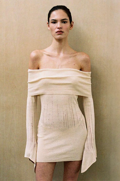 Knit Off Shoulder Flare Sleeve Frayed Slim Fit Mini Dresses-Beige-Hayhty.All Rights Reserved.