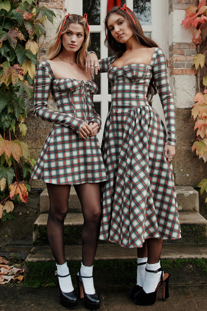 Plaid Pattern Long Sleeve Corset A-Line Pleated Midi Dresses-Red-Hayhty.All Rights Reserved.