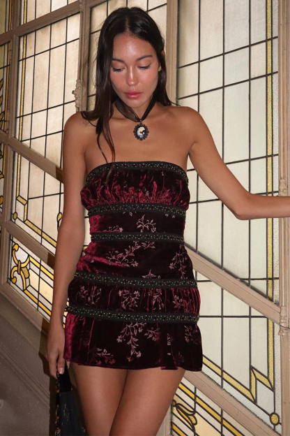Floral Pattern Boat Neck Slim Fit Velvet Mini Tube Dresses-Burgundy-Hayhty.All Rights Reserved.