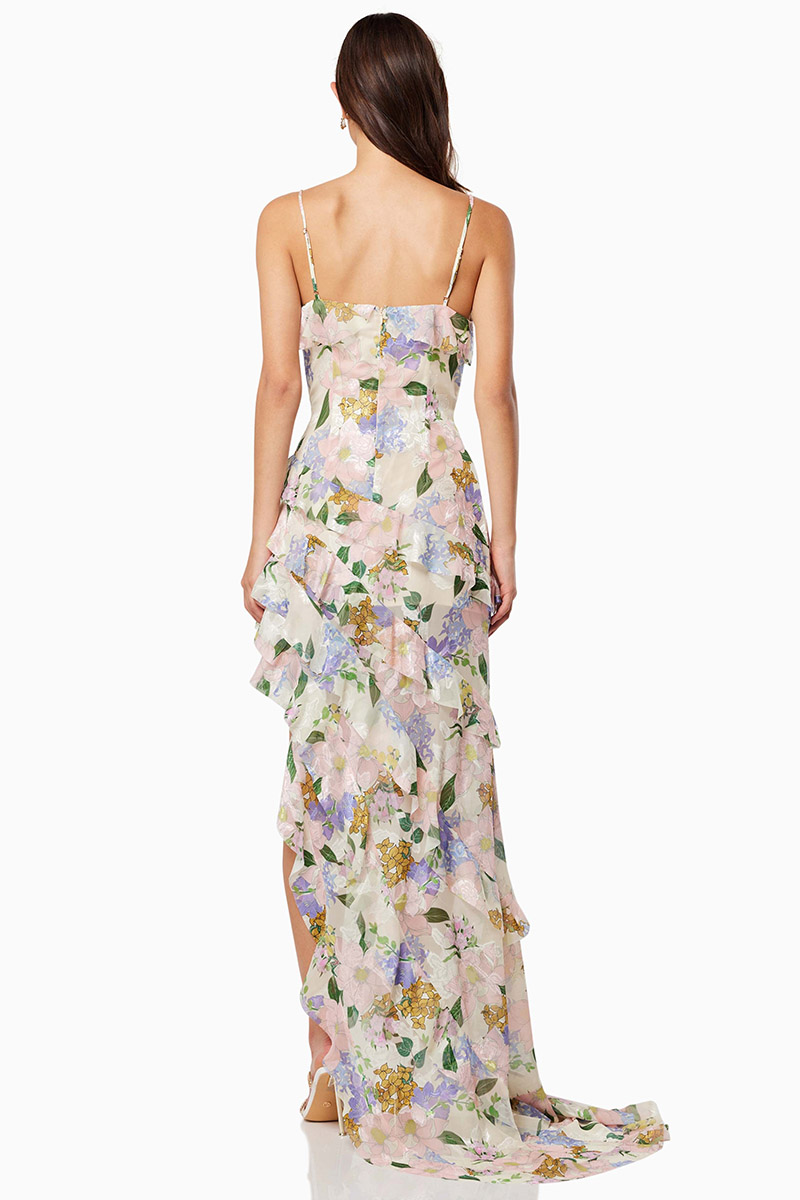 Floral Print Ruffled V Neck High Slit Tiered Maxi Dresses-Pink-Hayhty.All Rights Reserved.