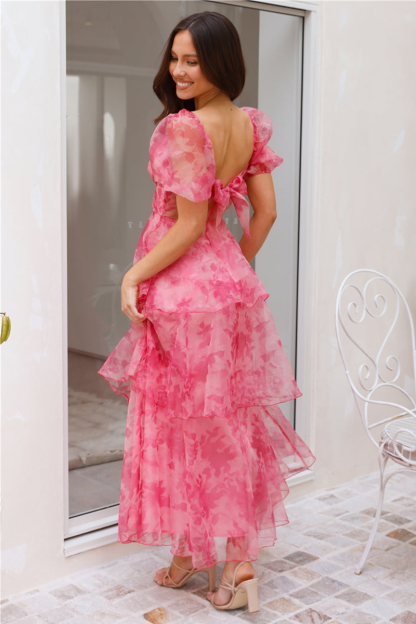 Floral Print Puff Sleeve Tiered Hem Backless Maxi Dresses-Pink-Hayhty.All Rights Reserved.