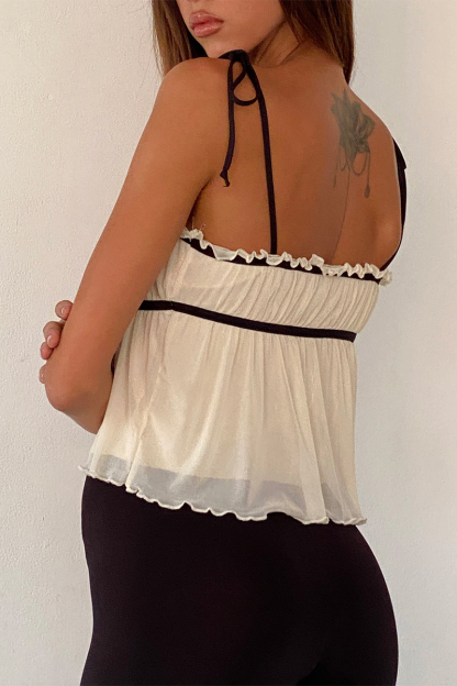 Tie Up Shoulder Straps Frilled A-Line Crop Top-Off White-Hayhty.All Rights Reserved.