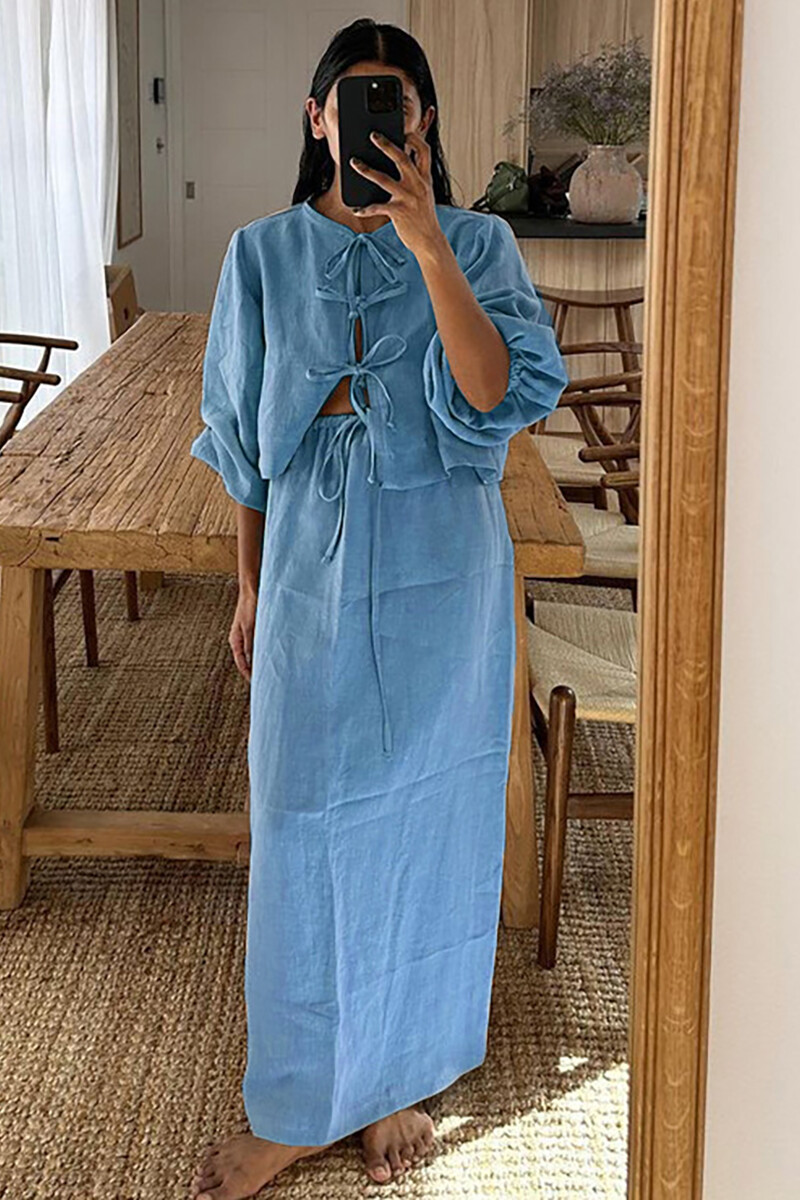 Puff Sleeve Front Tie Up Blouse Solid Color Maxi Skirt Matching Set-Brown-Hayhty.All Rights Reserved.