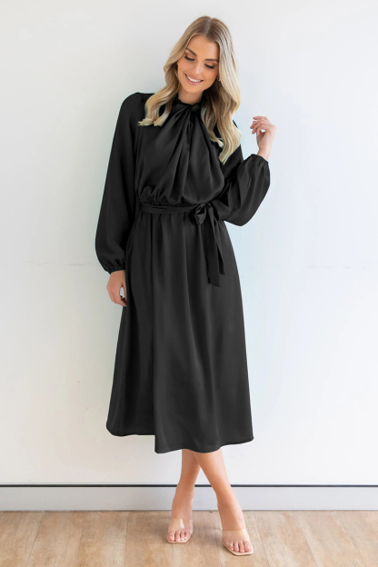 Ruched Knotted Long Sleeve Satin Midi Dresses-Hayhty.All Rights Reserved.