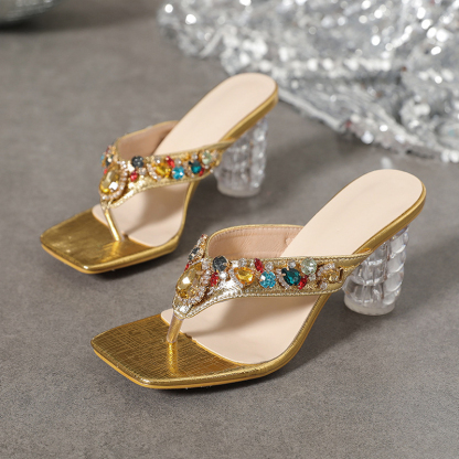 Metallic Sheen Multicolor Rhinestones Decor Flip Flops Sandal Heels-Hayhty.All Rights Reserved.
