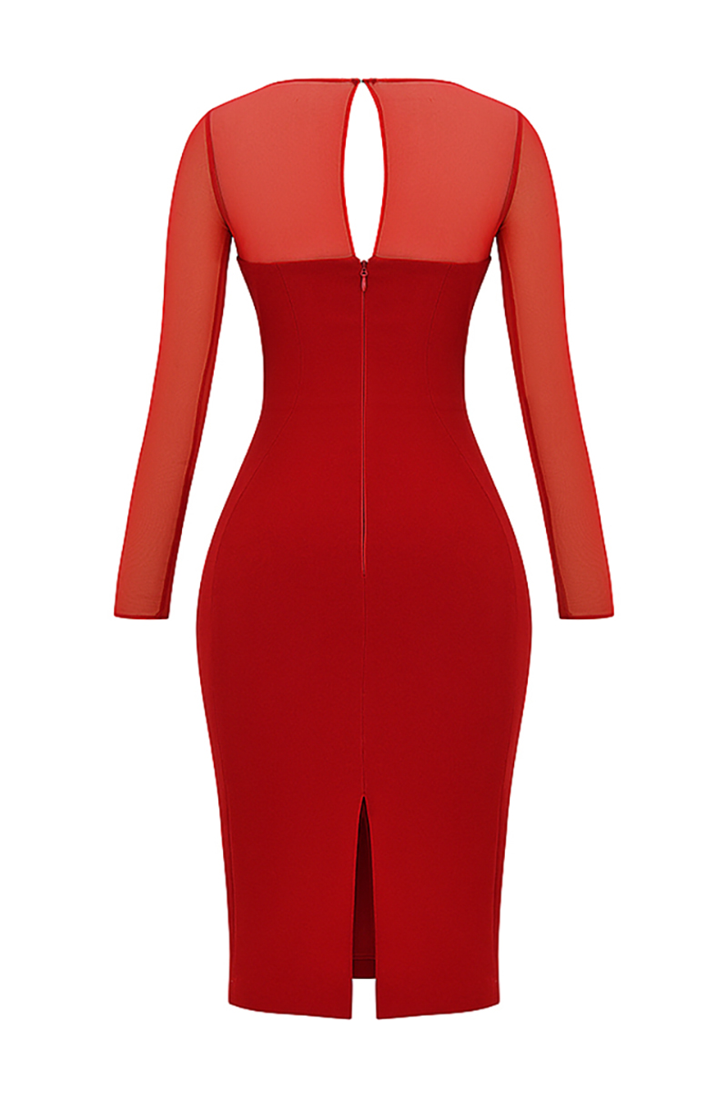Mesh Patchwork Long Sleeve Irregular Corset Bodycon Midi Dresses-Red-Hayhty.All Rights Reserved.