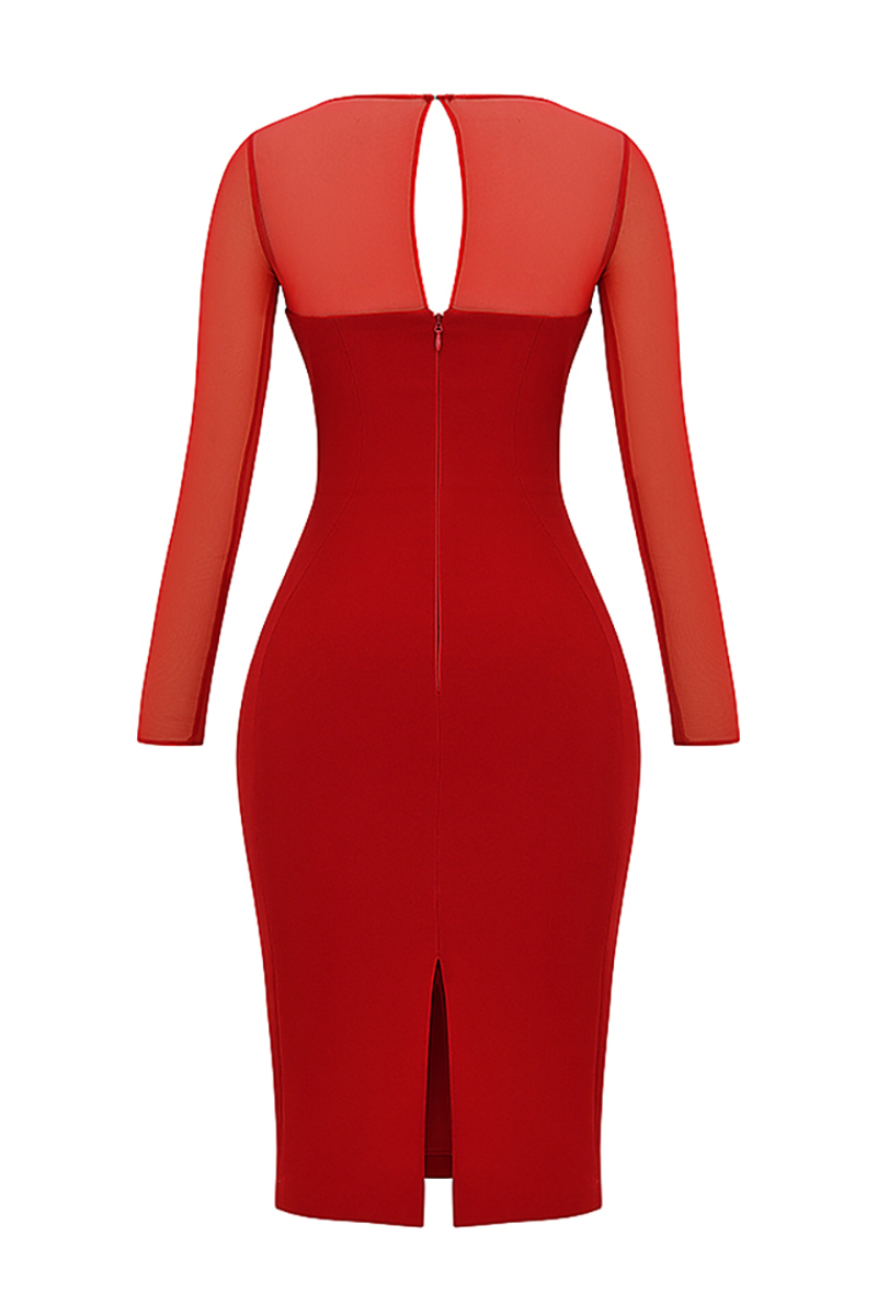 Mesh Patchwork Long Sleeve Irregular Corset Bodycon Midi Dresses-Red-Hayhty.All Rights Reserved.