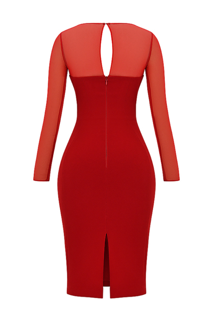 Mesh Patchwork Long Sleeve Irregular Corset Bodycon Midi Dresses-Red-Hayhty.All Rights Reserved.