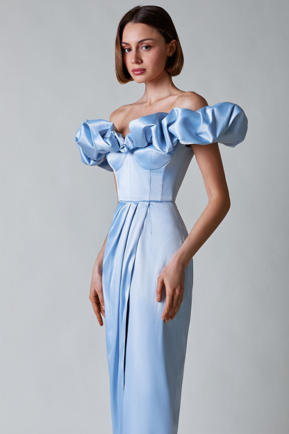 Puffy Ruffled Trim Off Shoulder Corset Slit Formal Party Maxi Dresses-White-Hayhty.All Rights Reserved.