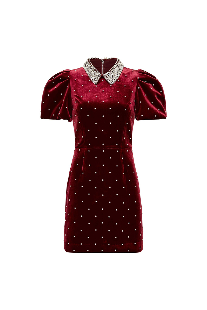 Rhinestone Collar Puffy Sleeve Polka Dot A-Line Velvet Mini Dresses-Hayhty.All Rights Reserved.