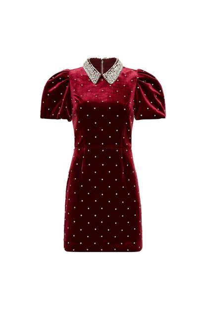 Rhinestone Collar Puffy Sleeve Polka Dot A-Line Velvet Mini Dresses-Hayhty.All Rights Reserved.