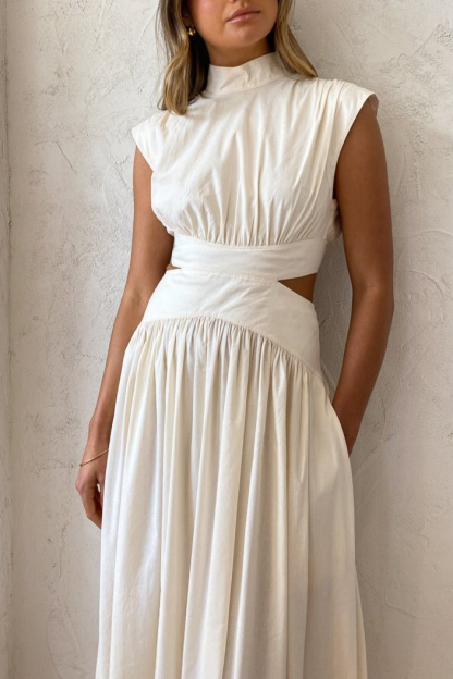 Stand Collar Sleeveless Open Waist Dress Maxi Dresses-Hayhty.All Rights Reserved.