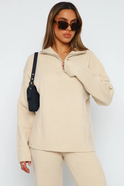 Turndown Collar Long Sleeve Sweater Plain Pants Matching Set-Beige-Hayhty.All Rights Reserved.